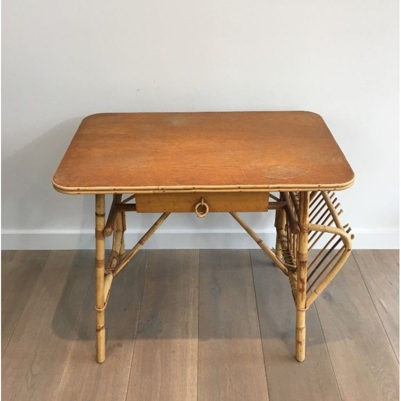 Rattan Writing Desk with Integrated Magazine Rack and Drawer, France circa 1970