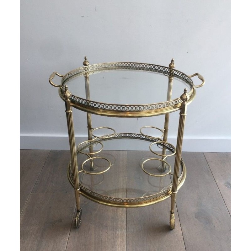 Neoclassical Gilt Brass Two-Tier Oval Drinks Trolley, Attributed to Maison Jansen, c.1940