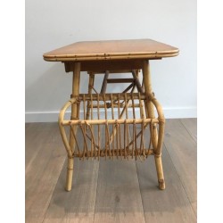 Bureau en Rotin avec Porte-Revues Intégré et Tiroir, France circa 1970