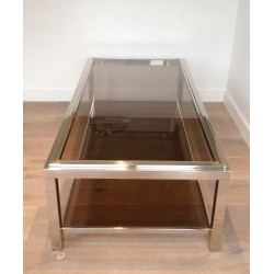 Grande Table Basse en Chrome et Verre Fumé à Large Cadre Clouté, circa 1970