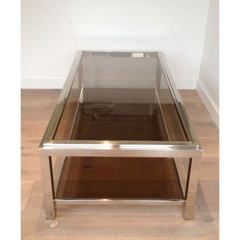 Grande Table Basse en Chrome et Verre Fumé à Large Cadre Clouté, circa 1970