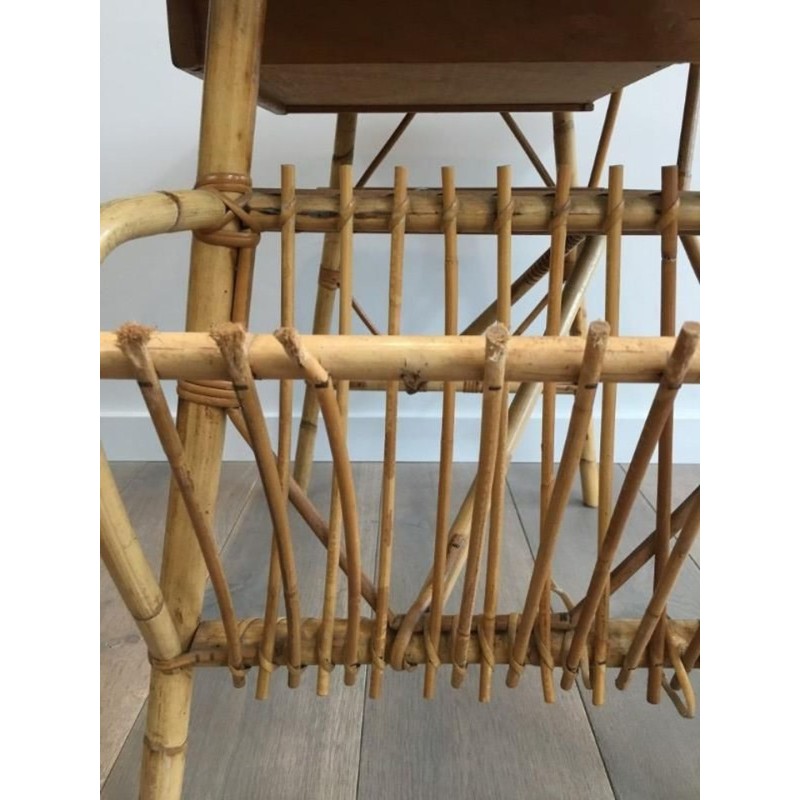 Rattan Writing Desk with Integrated Magazine Rack and Drawer, France circa 1970
