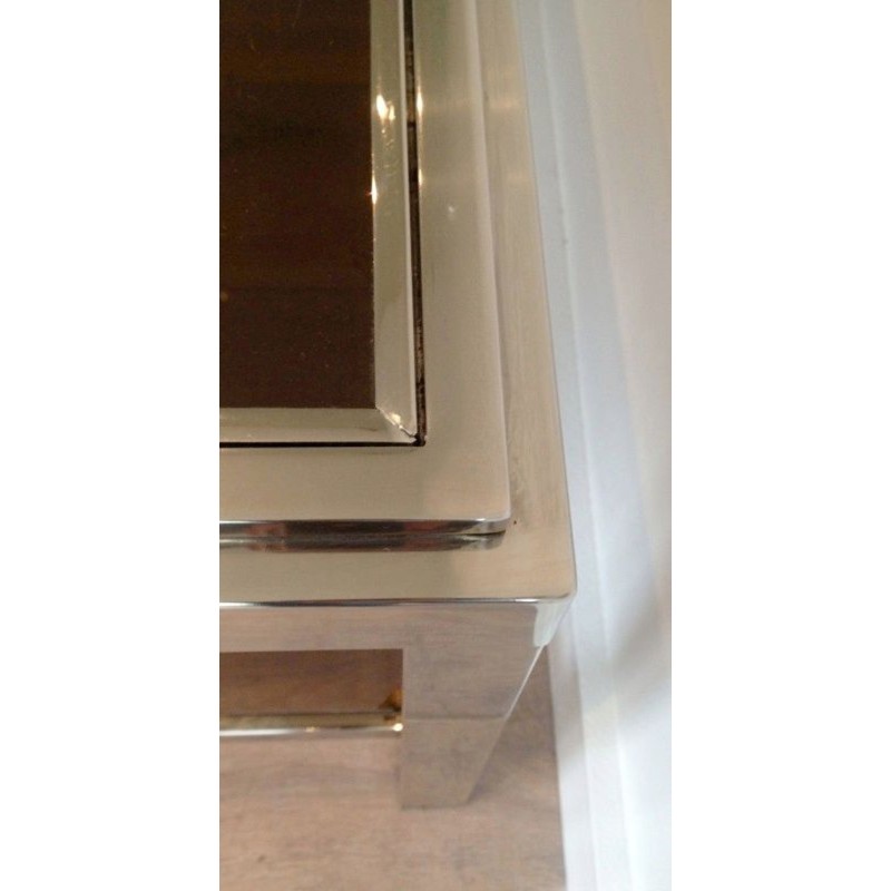 Grande Table Basse en Chrome et Verre Fumé à Large Cadre Clouté, circa 1970