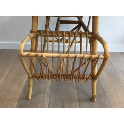 Rattan Writing Desk with Integrated Magazine Rack and Drawer, France circa 1970