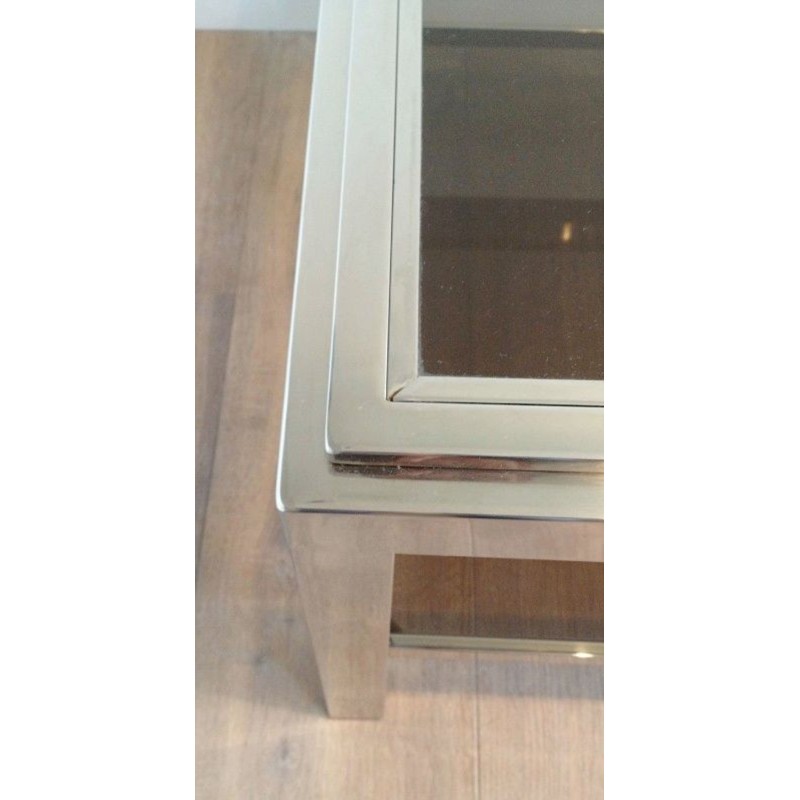 Grande Table Basse en Chrome et Verre Fumé à Large Cadre Clouté, circa 1970