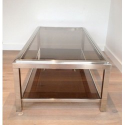 Grande Table Basse en Chrome et Verre Fumé à Large Cadre Clouté, circa 1970