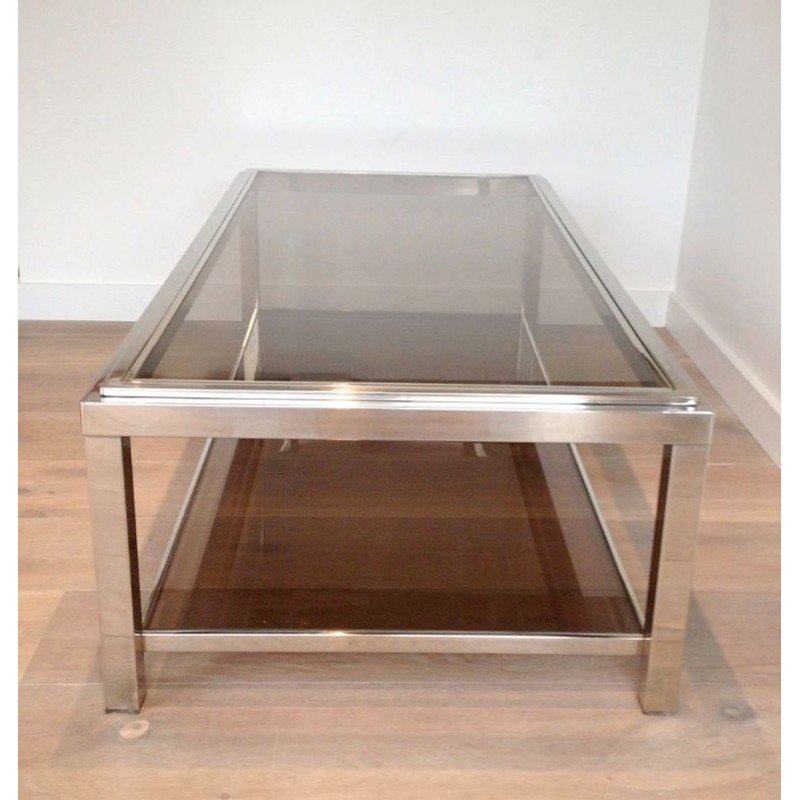 Grande Table Basse en Chrome et Verre Fumé à Large Cadre Clouté, circa 1970