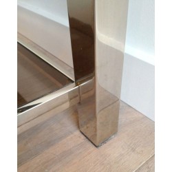 Grande Table Basse en Chrome et Verre Fumé à Large Cadre Clouté, circa 1970
