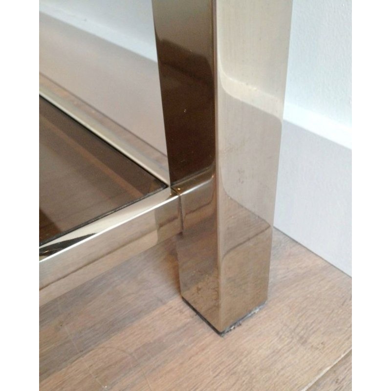 Grande Table Basse en Chrome et Verre Fumé à Large Cadre Clouté, circa 1970