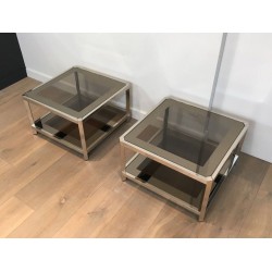 Paire de Bouts de Canapé Octogonaux Chromés à Verre Bronze, circa 1970