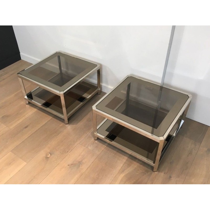 Paire de Bouts de Canapé Octogonaux Chromés à Verre Bronze, circa 1970