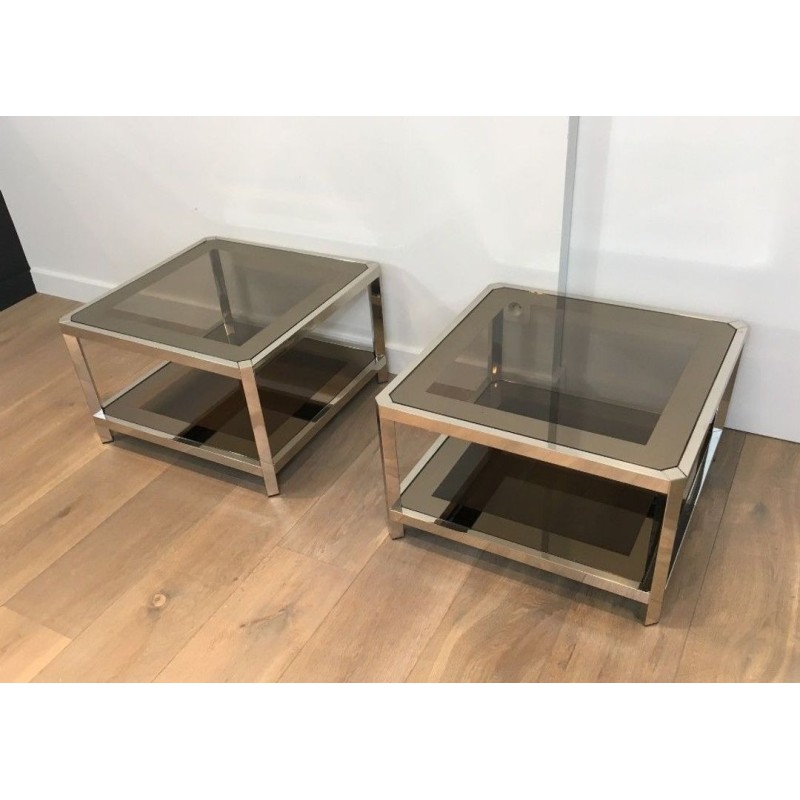 Paire de Bouts de Canapé Octogonaux Chromés à Verre Bronze, circa 1970