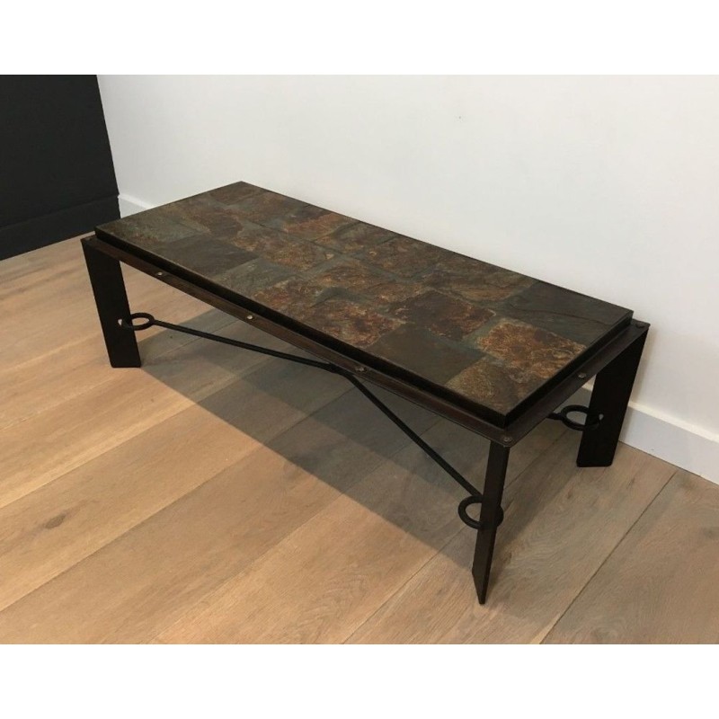 Rare Table Basse en Acier et Fer Forgé à Plateau de Pierres de Lave, circa 1940