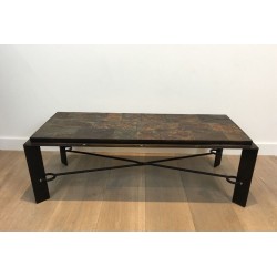 Rare Table Basse en Acier et Fer Forgé à Plateau de Pierres de Lave, circa 1940