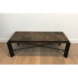 Rare Table Basse en Acier et Fer Forgé à Plateau de Pierres de Lave, circa 1940
