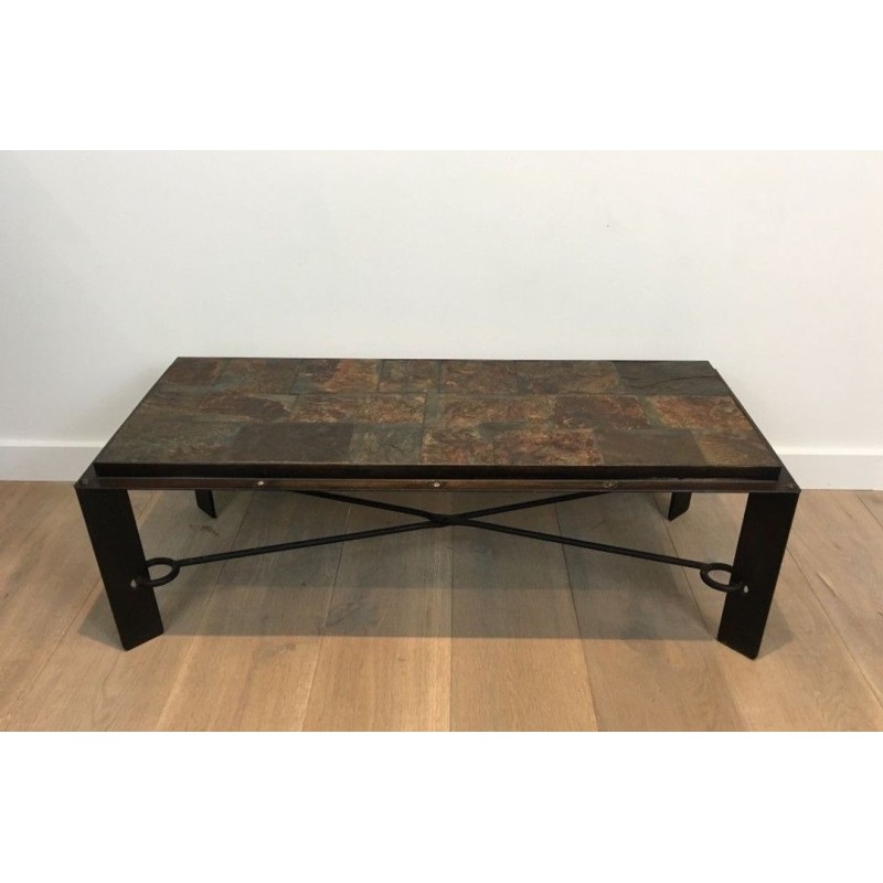 Rare Table Basse en Acier et Fer Forgé à Plateau de Pierres de Lave, circa 1940