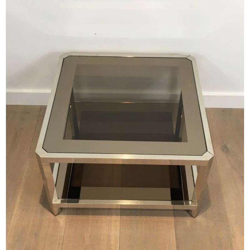 Paire de Bouts de Canapé Octogonaux Chromés à Verre Bronze, circa 1970