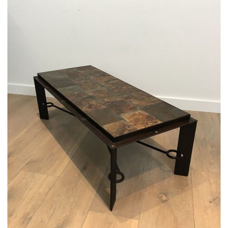 Rare Table Basse en Acier et Fer Forgé à Plateau de Pierres de Lave, circa 1940