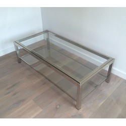 Grande Table Basse à Deux Niveaux en Chrome et Verre à Décor Clouté, France circa 1970
