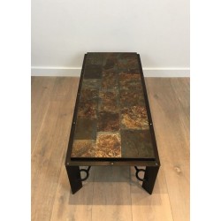 Rare Table Basse en Acier et Fer Forgé à Plateau de Pierres de Lave, circa 1940