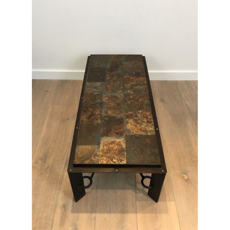 Rare Table Basse en Acier et Fer Forgé à Plateau de Pierres de Lave, circa 1940