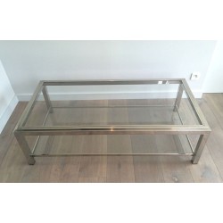 Grande Table Basse à Deux Niveaux en Chrome et Verre à Décor Clouté, France circa 1970