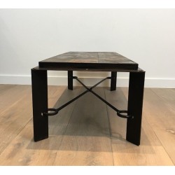 Rare Table Basse en Acier et Fer Forgé à Plateau de Pierres de Lave, circa 1940