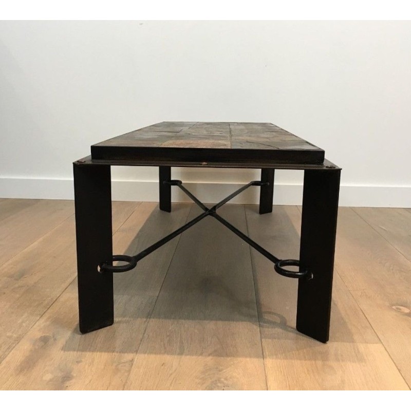 Rare Table Basse en Acier et Fer Forgé à Plateau de Pierres de Lave, circa 1940