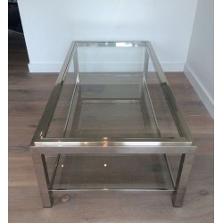 Grande Table Basse à Deux Niveaux en Chrome et Verre à Décor Clouté, France circa 1970
