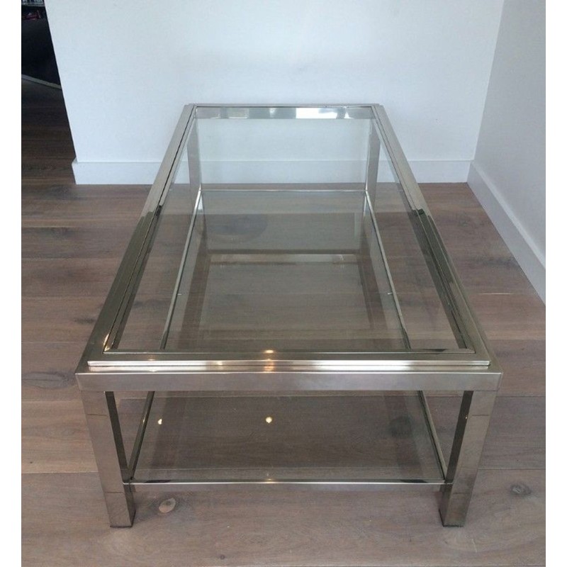 Grande Table Basse à Deux Niveaux en Chrome et Verre à Décor Clouté, France circa 1970