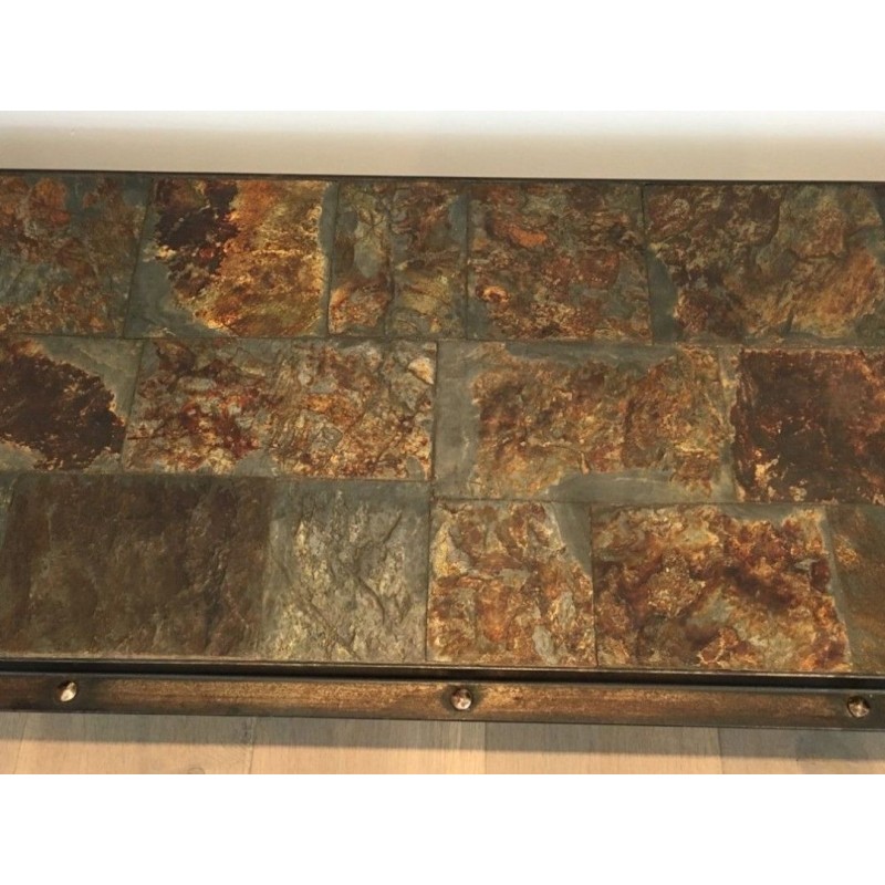 Rare Table Basse en Acier et Fer Forgé à Plateau de Pierres de Lave, circa 1940
