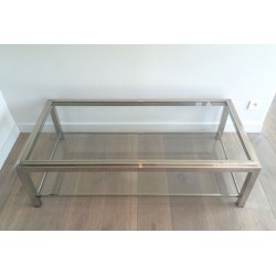 Grande Table Basse à Deux Niveaux en Chrome et Verre à Décor Clouté, France circa 1970