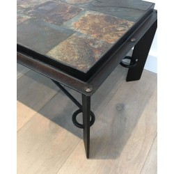 Rare Table Basse en Acier et Fer Forgé à Plateau de Pierres de Lave, circa 1940
