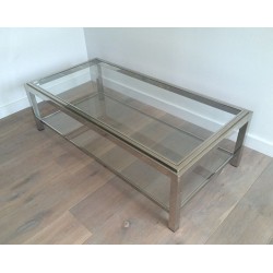 Grande Table Basse à Deux Niveaux en Chrome et Verre à Décor Clouté, France circa 1970