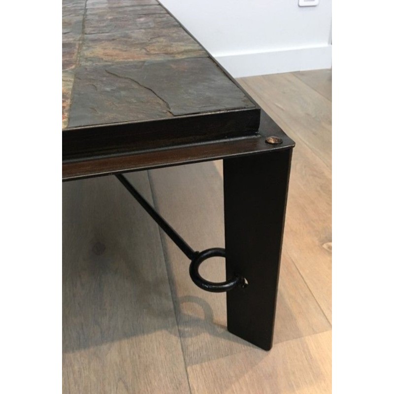 Rare Table Basse en Acier et Fer Forgé à Plateau de Pierres de Lave, circa 1940