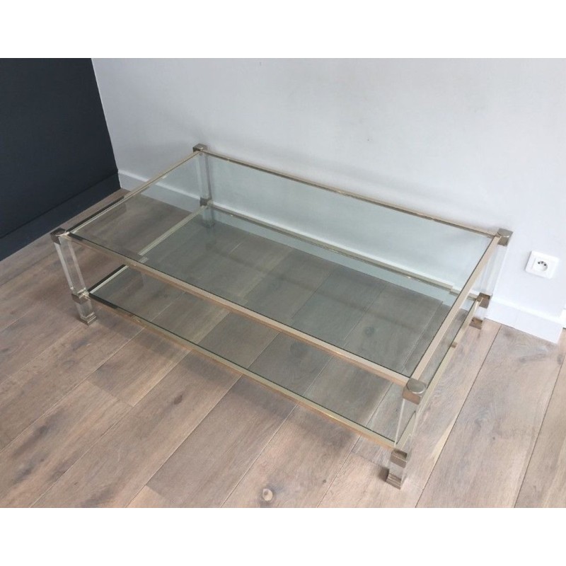 Grande Table Basse à Deux Plateaux en Lucite et Chrome, France circa 1970