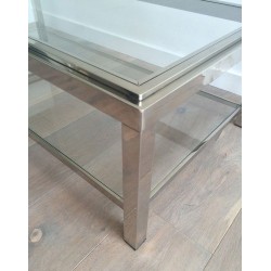 Grande Table Basse à Deux Niveaux en Chrome et Verre à Décor Clouté, France circa 1970