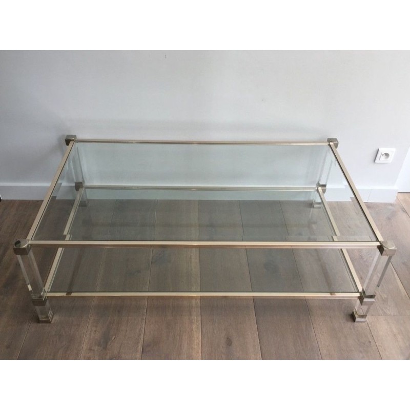 Grande Table Basse à Deux Plateaux en Lucite et Chrome, France circa 1970