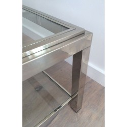 Grande Table Basse à Deux Niveaux en Chrome et Verre à Décor Clouté, France circa 1970