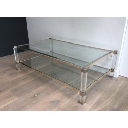 Grande Table Basse à Deux Plateaux en Lucite et Chrome, France circa 1970