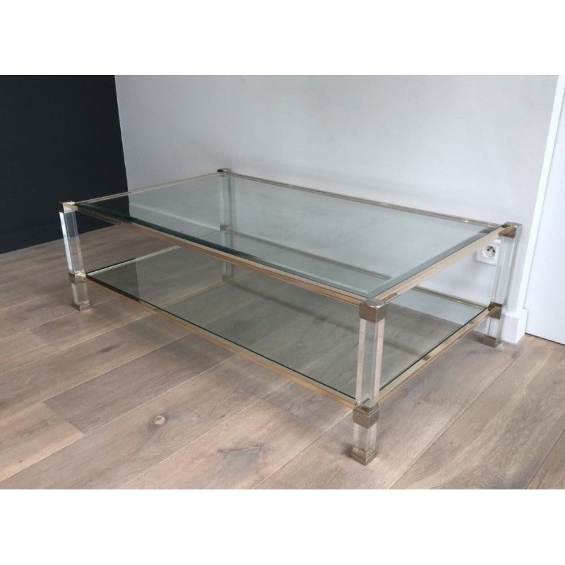 Grande Table Basse à Deux Plateaux en Lucite et Chrome, France circa 1970