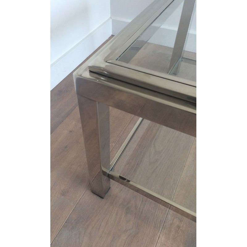Grande Table Basse à Deux Niveaux en Chrome et Verre à Décor Clouté, France circa 1970