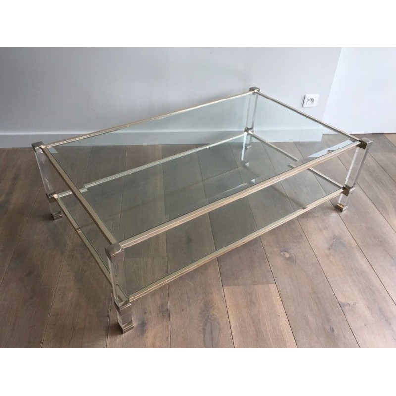 Grande Table Basse à Deux Plateaux en Lucite et Chrome, France circa 1970