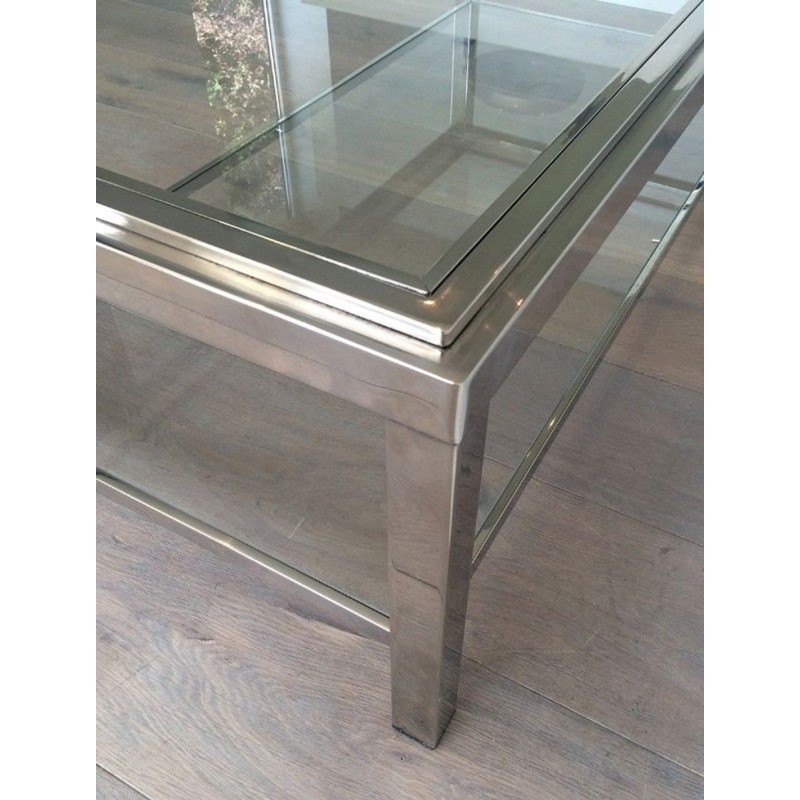 Grande Table Basse à Deux Niveaux en Chrome et Verre à Décor Clouté, France circa 1970
