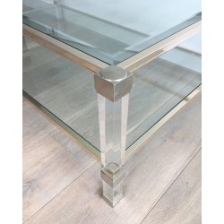 Grande Table Basse à Deux Plateaux en Lucite et Chrome, France circa 1970
