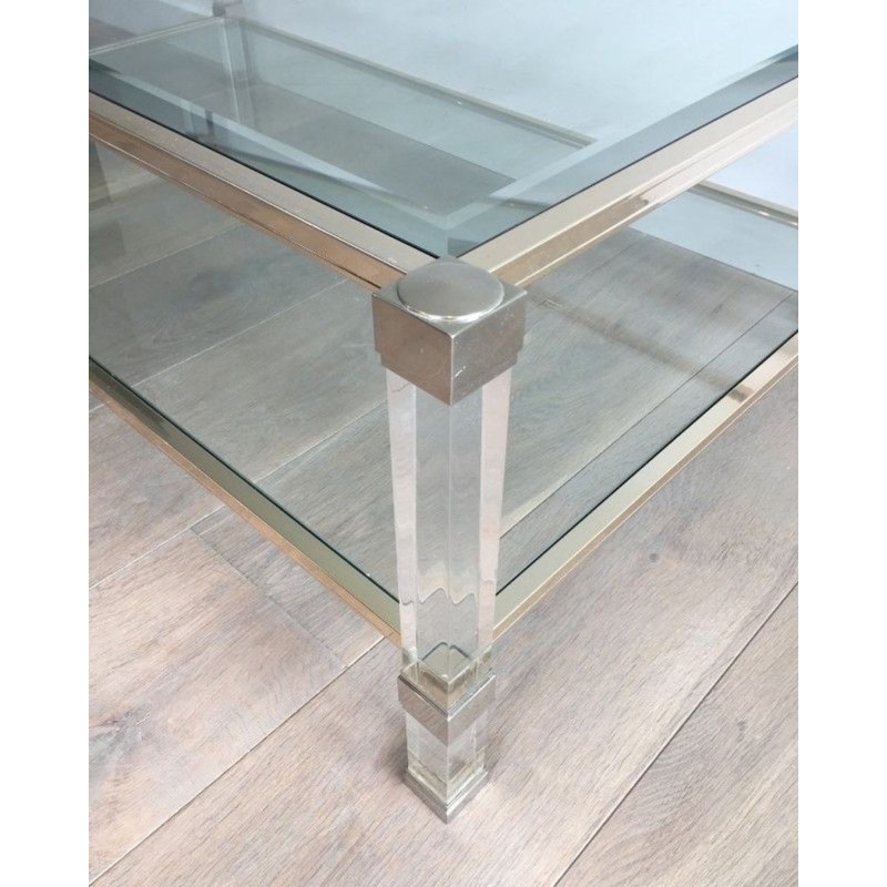 Grande Table Basse à Deux Plateaux en Lucite et Chrome, France circa 1970