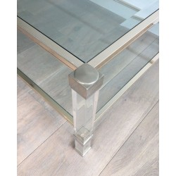 Grande Table Basse à Deux Plateaux en Lucite et Chrome, France circa 1970