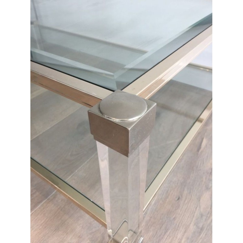 Grande Table Basse à Deux Plateaux en Lucite et Chrome, France circa 1970