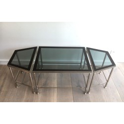 Rare Table Basse Tripartite en Nickel à Plateaux de Verre Fumé, Art Déco vers 1940