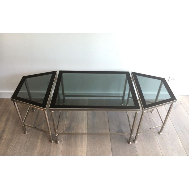 Rare Table Basse Tripartite en Nickel à Plateaux de Verre Fumé, Art Déco vers 1940